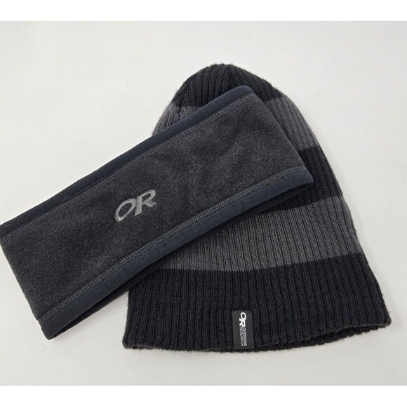 OUTDOOR RESEARCH WINTER HAT BUNDLE GREY STRIPE REVERSIBLE BEANIE & GREY HEADBAND - Picture 2 of 12